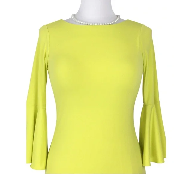 Calvin Klein Yellow Sheath Peplum Bell 3/4 Sleeve Midi Dress  size 2 - Picture 6 of 11